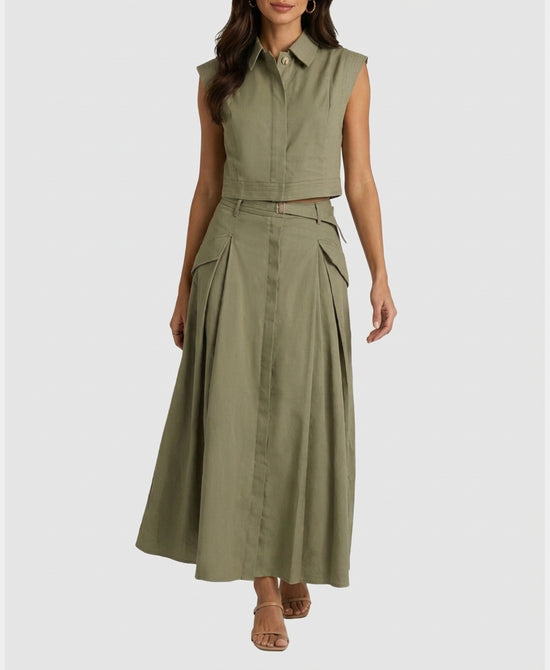 
Top w/ Cargo Pleated Skirt Set- 2 pc Set in GREEN view 1