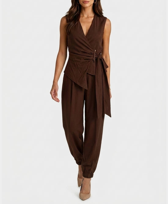 
Wrap Top w/ Gold Hardware & Pants Set- 2 Pc Set in BROWN view 1