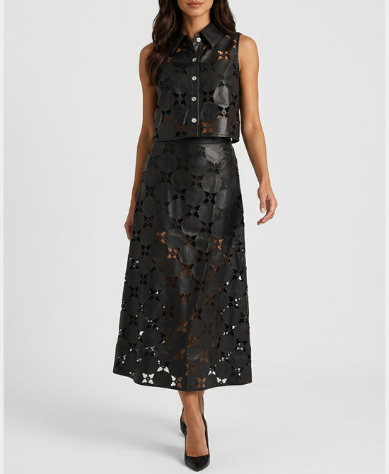 
Faux Leather Top w/ Cut-Outs & Skirt Set- 2 pc Set in BLACK view 1