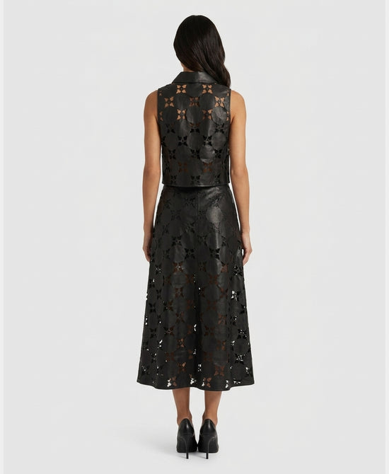 
Faux Leather Top w/ Cut-Outs & Skirt Set- 2 pc Set in BLACK view 2