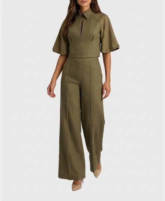 
Top w/ Knit Sleeves & Pants Set- 2 Pc Set in OLIVE view 1