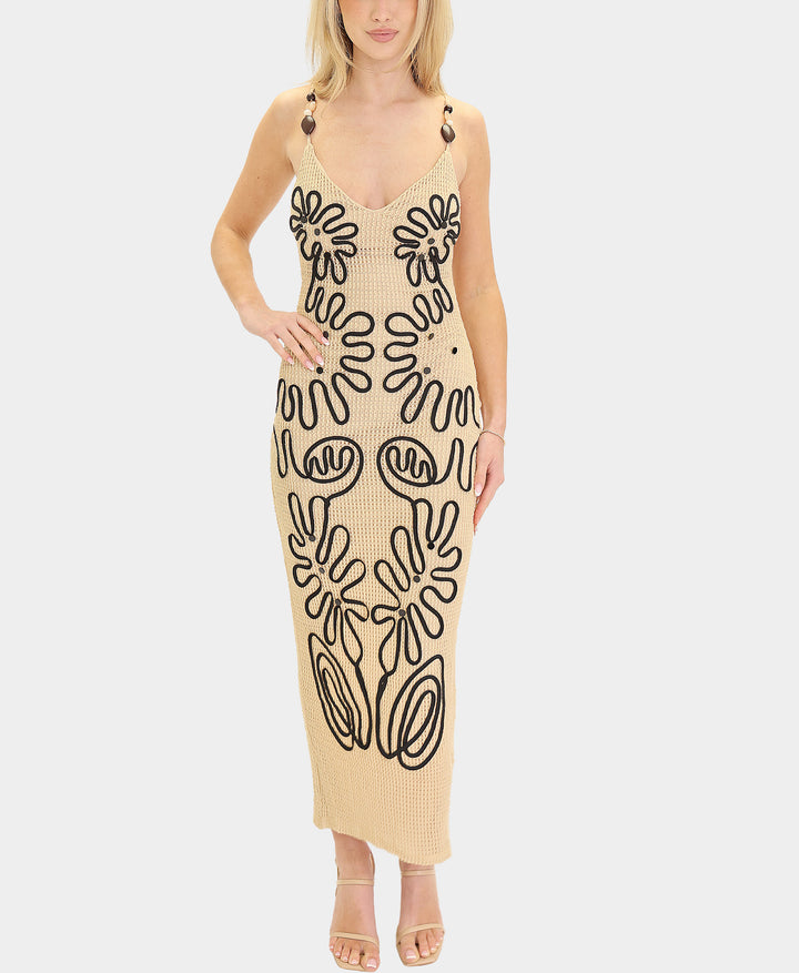 contrast crochet dress Plunge Neck Beaded Strap Contrast Crochet Fringe Hem Maxi Dress In Cream | EGO US