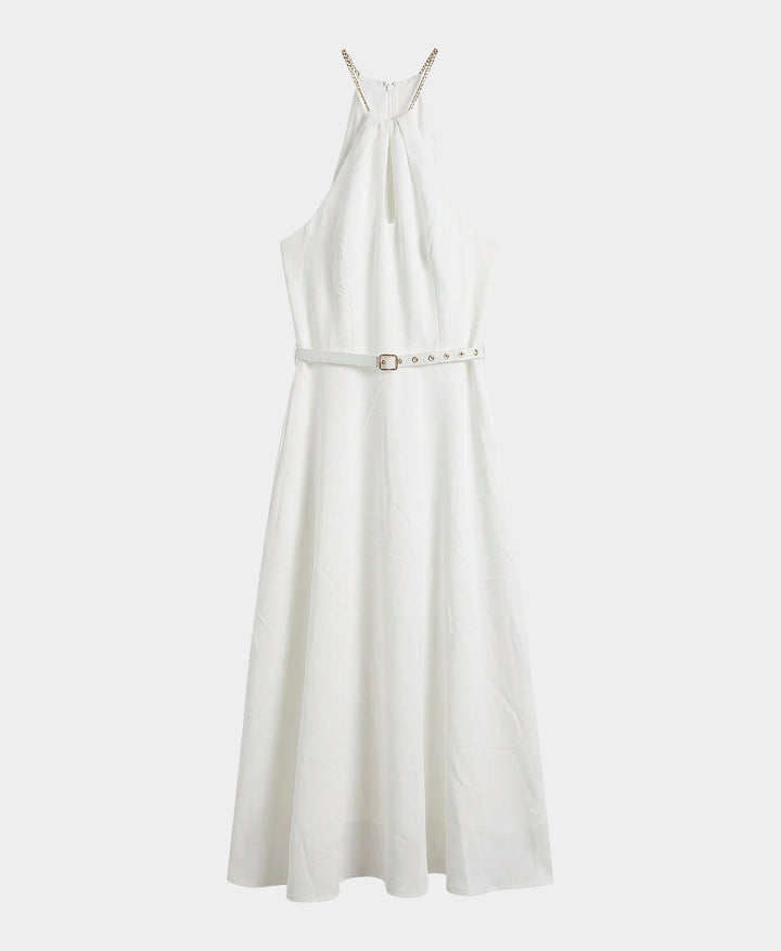 white linen halter dress with Crossed Neckline, Maxi Wedding Guest Dress for Summer, Boho Minimalist Plus Size Clothing Women, XS-4XL Sizes lightweight summer dresses 1990S White Linen High Neck