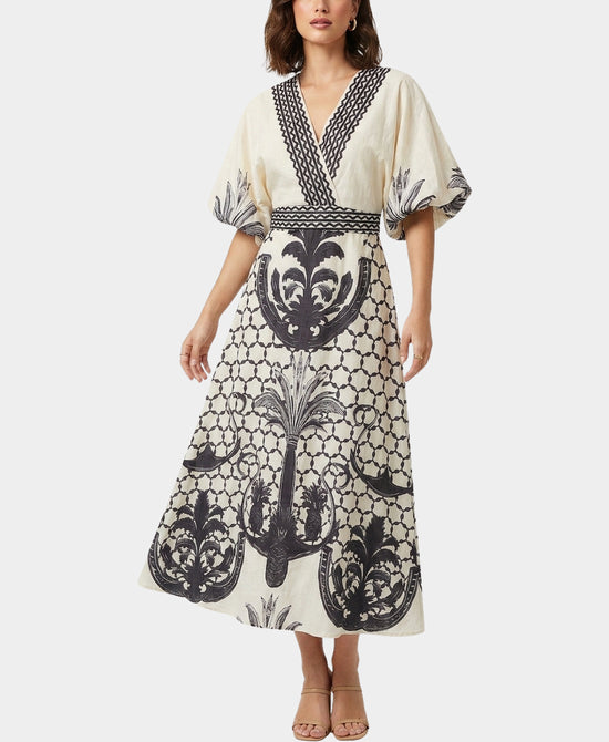 
Printed Maxi Dress w/ Puff Sleeves in IVORY/BLACK view 1
