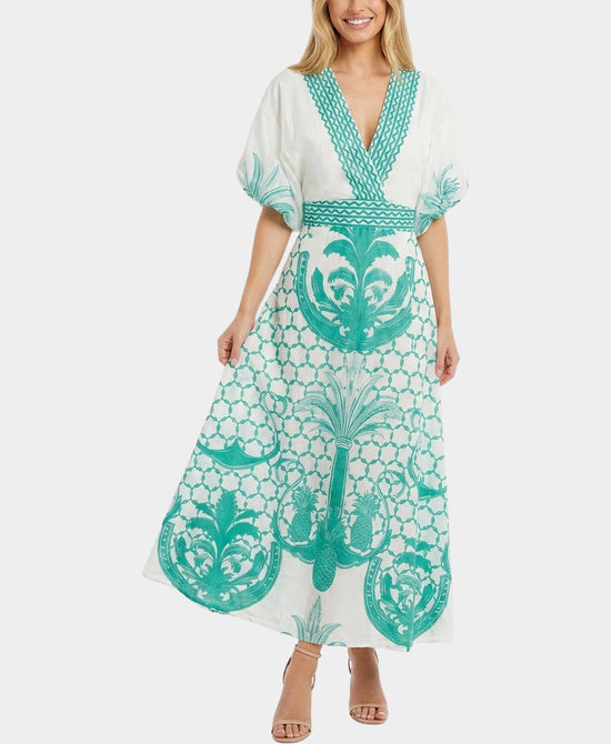 
Printed Maxi Dress w/ Puff Sleeves in IVORY/GREEN view 1