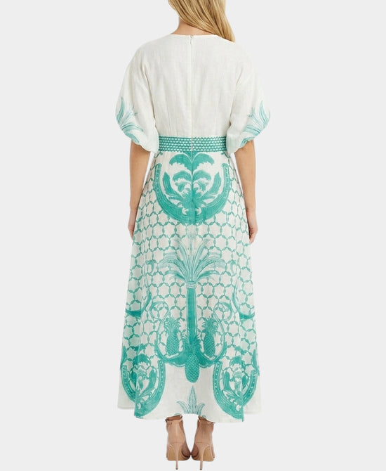 
Printed Maxi Dress w/ Puff Sleeves in IVORY/GREEN view 2