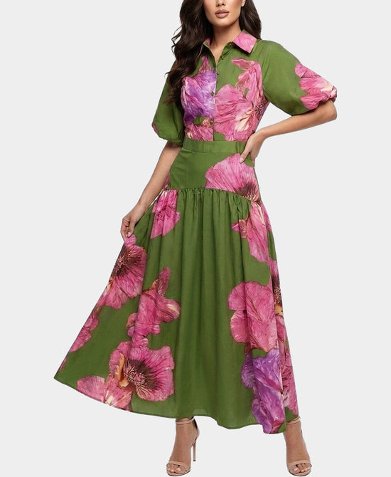 
Floral Print Maxi Dress w/ Puff Sleeves in GREEN MULTI view 1
