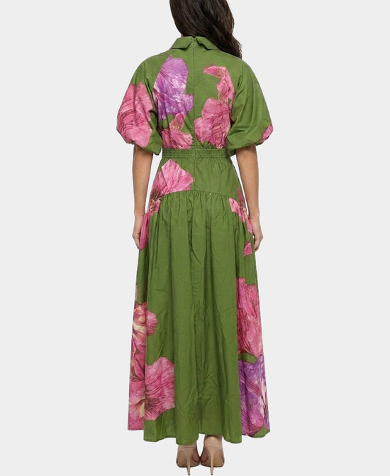 
Floral Print Maxi Dress w/ Puff Sleeves in GREEN MULTI view 2