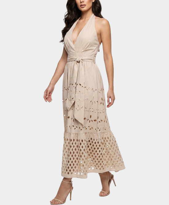 
Halter Dress w/ Laser Cut Detail in BEIGE view 1
