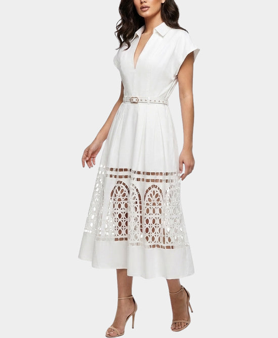 
Midi Dress w/ Laser Cut Detail in WHITE view 1