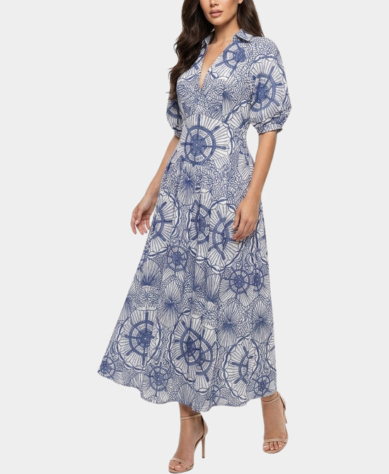 
Printed Maxi Dress w/ Puff Sleeves in WHITE/BLUE view 1
