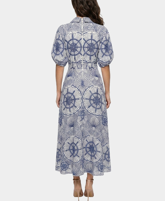 
Printed Maxi Dress w/ Puff Sleeves in WHITE/BLUE view 2
