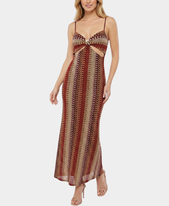 
Multicolor Knit Maxi Dress w/ Gold Hardware & Cut-Out in RUST MULTI view 1