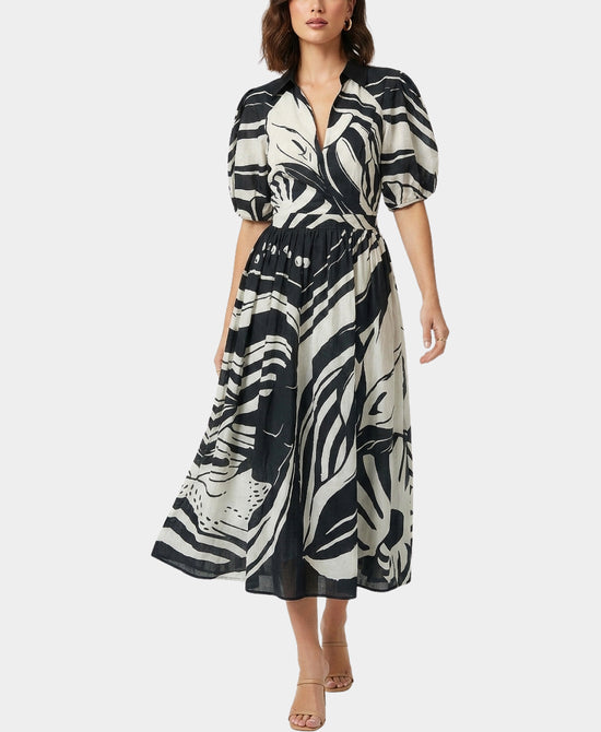 
Printed Maxi Dress w/ Puff Sleeves in BLACK/WHITE view 1