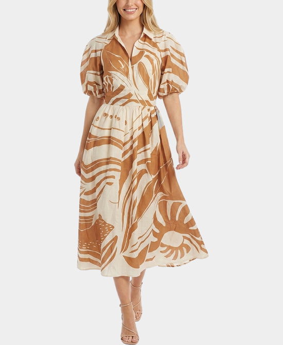 
Printed Maxi Dress w/ Puff Sleeves in ORANGE MULTI view 1