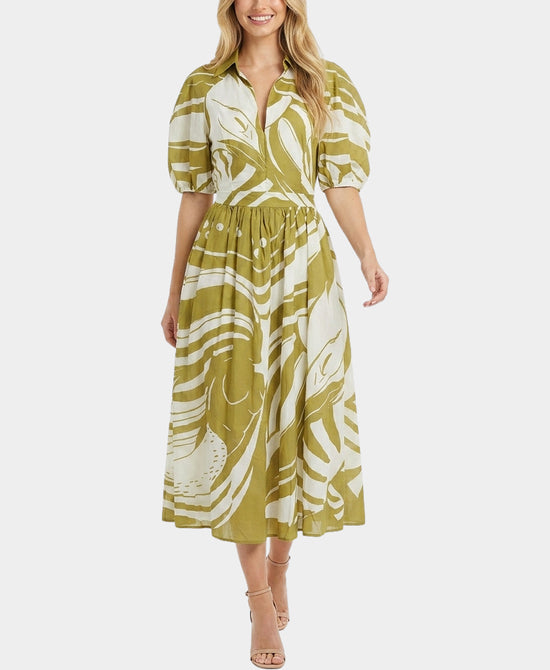
Printed Maxi Dress w/ Puff Sleeves in CHARTREUSE MULTI view 1