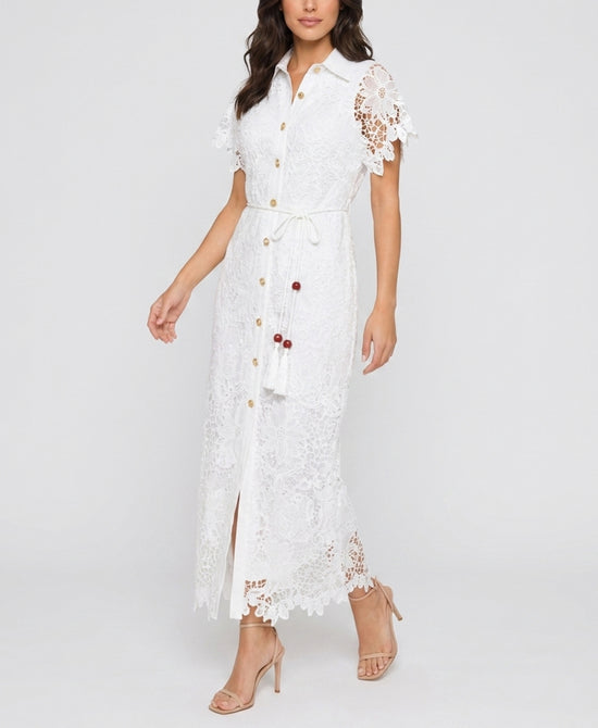 
Lace Midi Dress w/ Beaded Belt in WHITE view 1