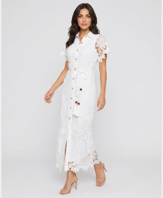 
Lace Midi Dress w/ Beaded Belt in WHITE view 1
