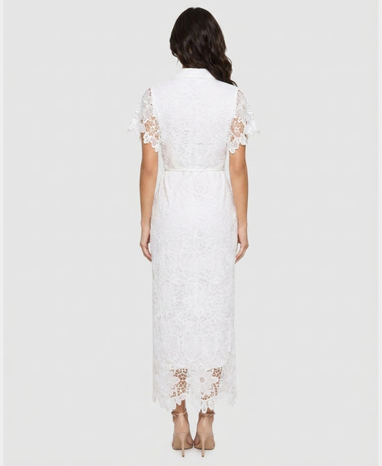 
Lace Midi Dress w/ Beaded Belt in WHITE view 2