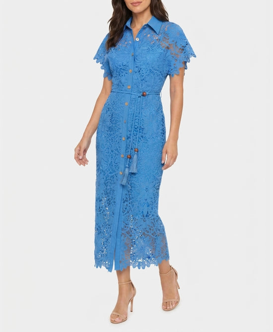 
Lace Midi Dress w/ Beaded Belt in BLUE view 1