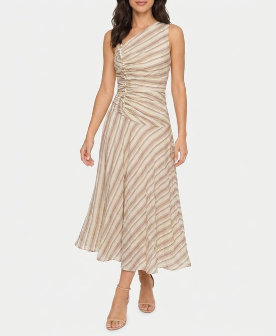 
Stripe Midi Dress w/ Bead Detail in BEIGE MULTI view 1