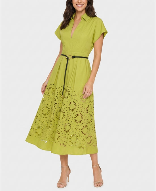 
Midi Dress w/ Laser Cut Detail in CHARTREUSE view 1
