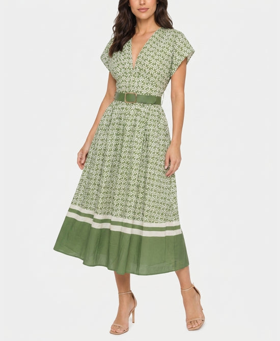 
Printed Midi Dress w/ Belt in GREEN view 1