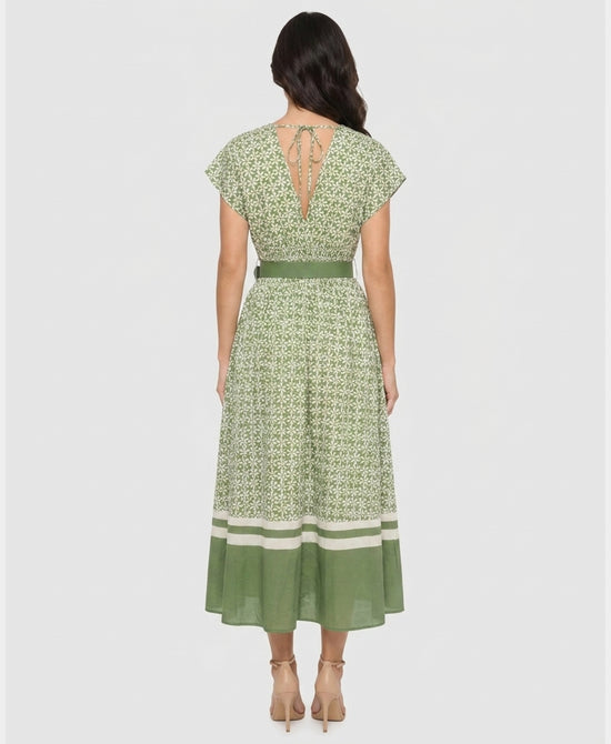 
Printed Midi Dress w/ Belt in GREEN view 2