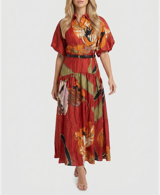 
Printed Maxi Dress w/ Puff Sleeves in RED MULTI view 1