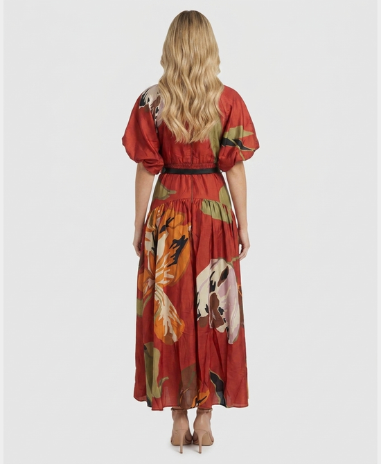 
Printed Maxi Dress w/ Puff Sleeves in RED MULTI view 2