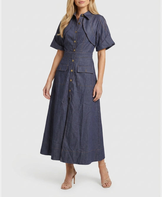 
Denim Maxi Dress w/ Front Slit in DARK WASH view 1