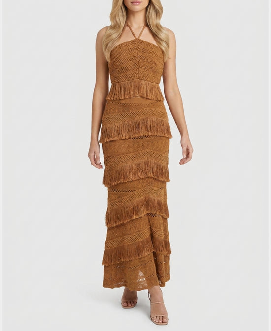 
Crochet Top & Maxi Skirt w/ Fringe Set- 2 pc Set in TAN view 1