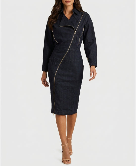 
Denim Asymmetrical Zipper Midi Dress in DARK BLUE view 1
