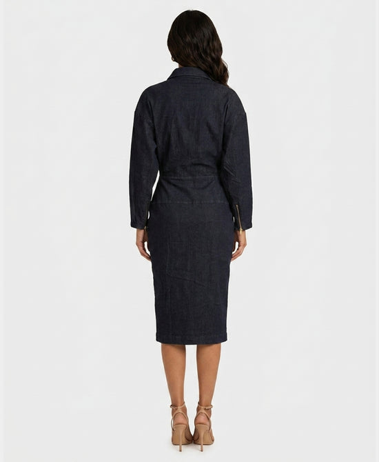 
Denim Asymmetrical Zipper Midi Dress in DARK BLUE view 2