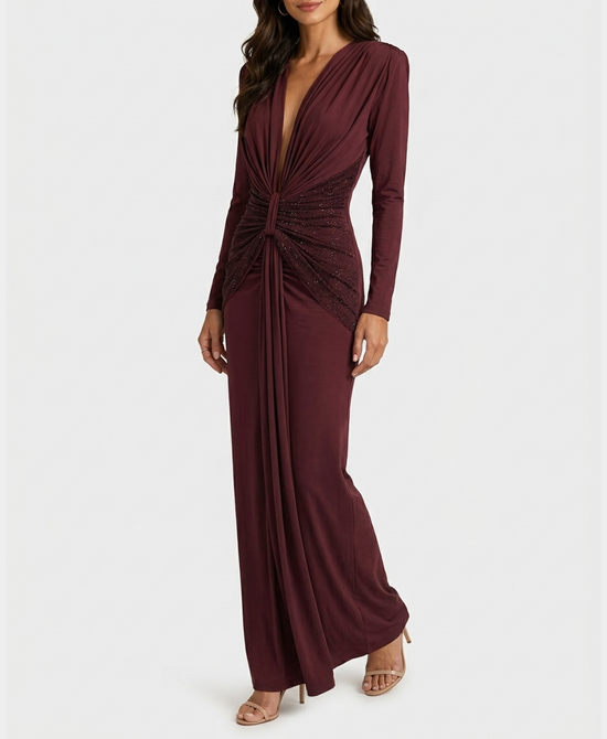 
Slinky Maxi Dress w/ Crystals in BURGUNDY view 1