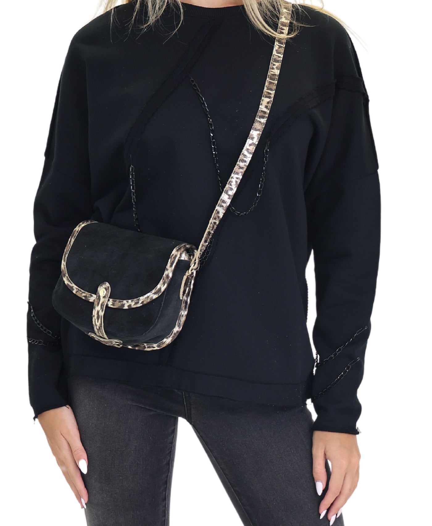Suede Crossbody Bag w/ Leopard Trim view 1