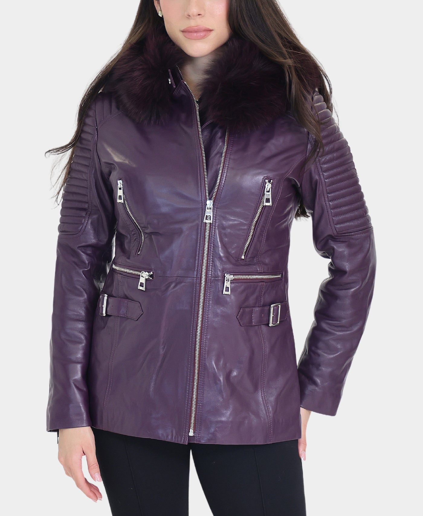 Leather Jacket w/ Fox Fur Trim Hood view 1