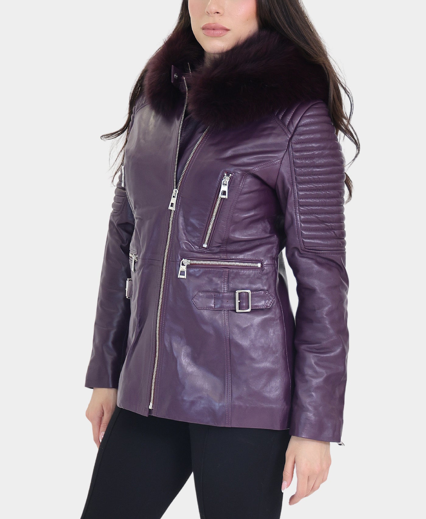 Leather Jacket w/ Fox Fur Trim Hood view 2