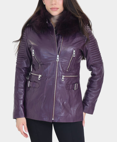 Leather Jacket w/ Fox Fur Trim Hood image 1