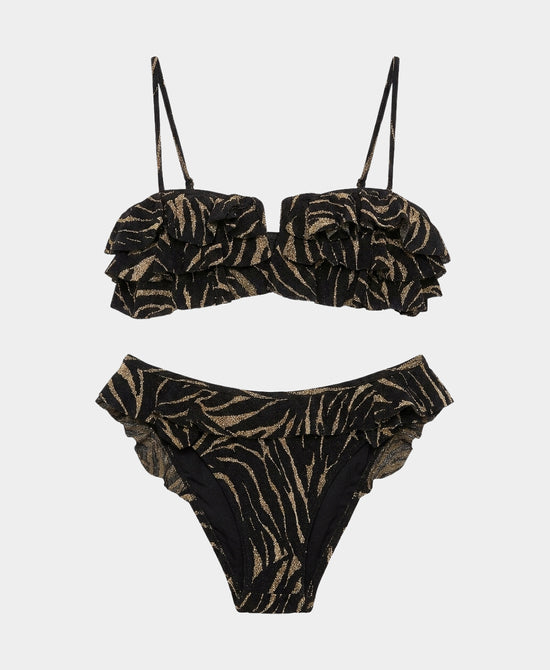
Shimmer Zebra Ruffle Bikini- 2 Pc Set in BLACK/GOLD view 2