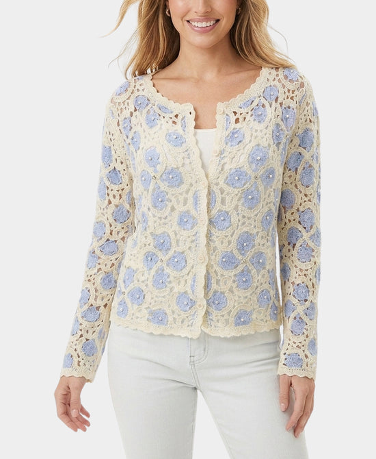 
Crochet Cardigan w/ Pearls & Rhinestones in BLUE/BEIGE view 1