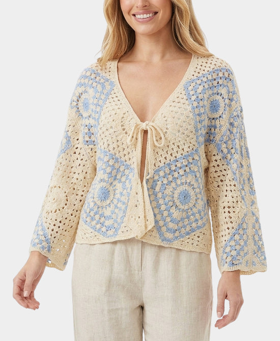 
Crochet Cardigan w/ Front Tie in BLUE/BEIGE view 1
