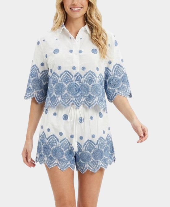 
Embroidered Shirt & Shorts Set- 2 Pc Set in WHITE/BLUE view 1