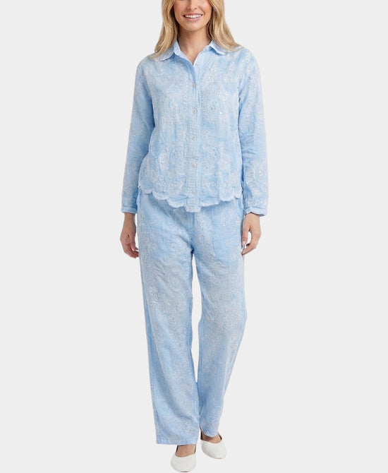 
Embroidered Sequin Shirt &Pants Set- 2 Pc Set in BLUE view 1