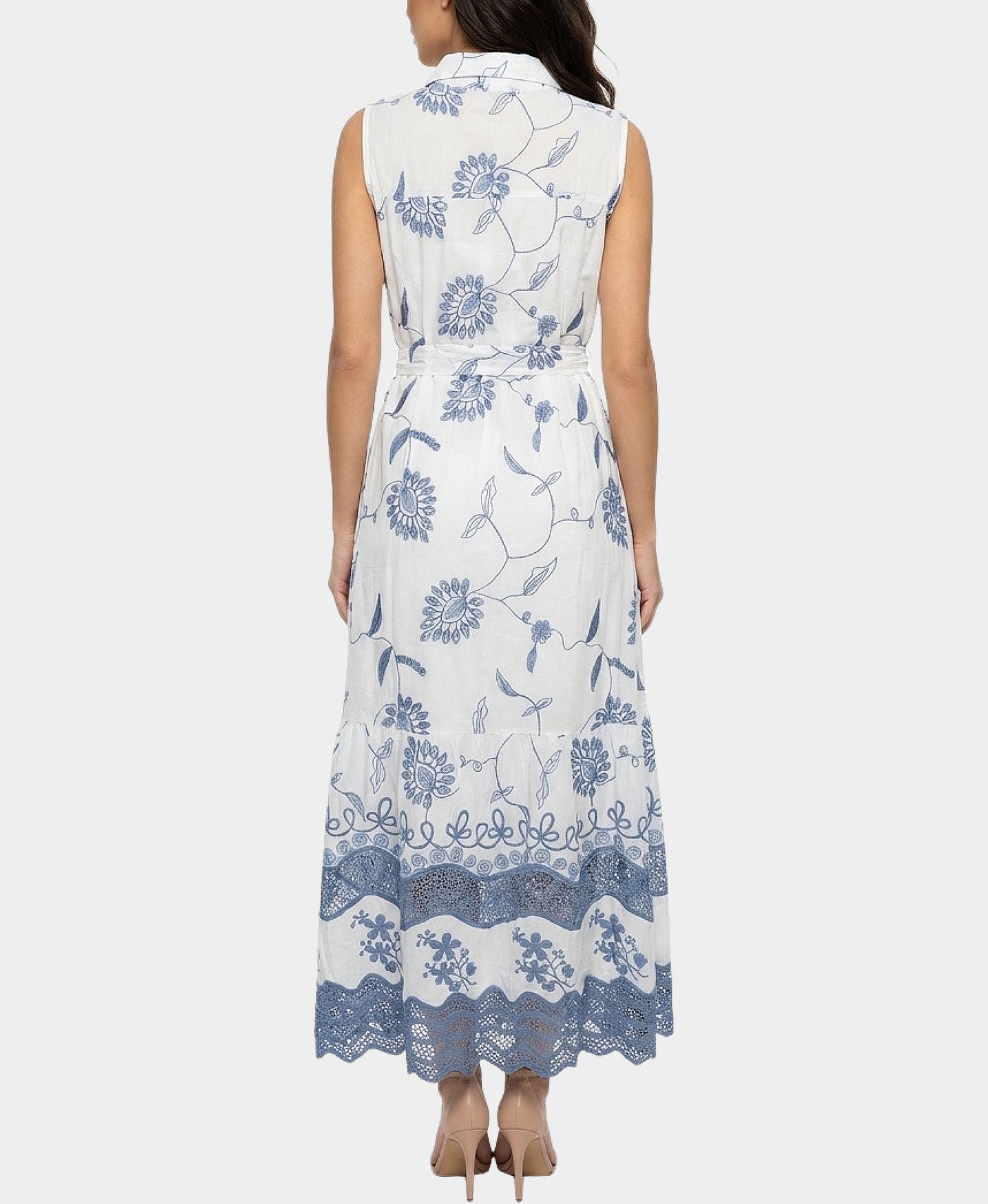 Embroidered Maxi Dress w/ Lace Trim L-XL / WHITE/BLUE