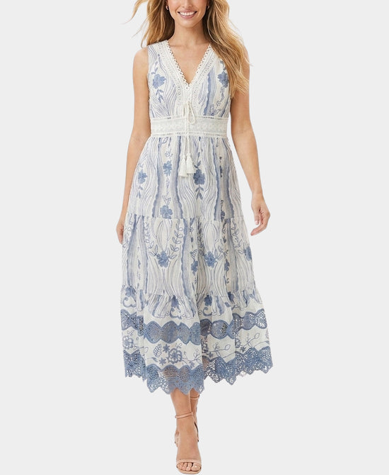 
Embroidered Midi Dress w/ Scallop Edge in WHITE/BLUE view 1