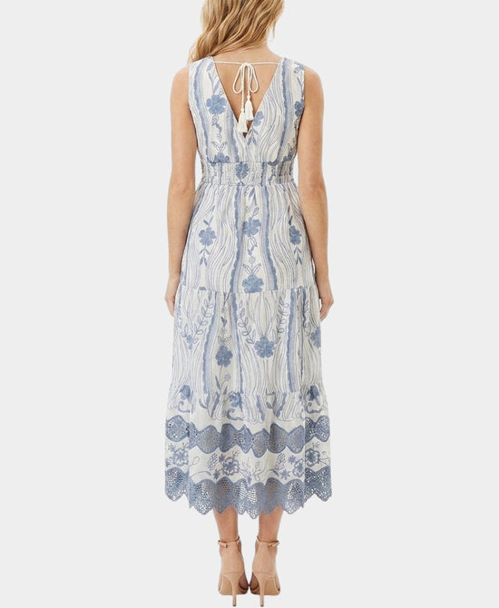 
Embroidered Midi Dress w/ Scallop Edge in WHITE/BLUE view 2