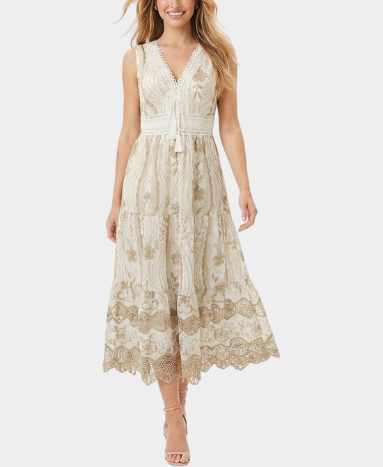 
Embroidered Midi Dress w/ Scallop Edge in WHITE/BEIGE view 1