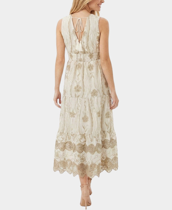 
Embroidered Midi Dress w/ Scallop Edge in WHITE/BEIGE view 2