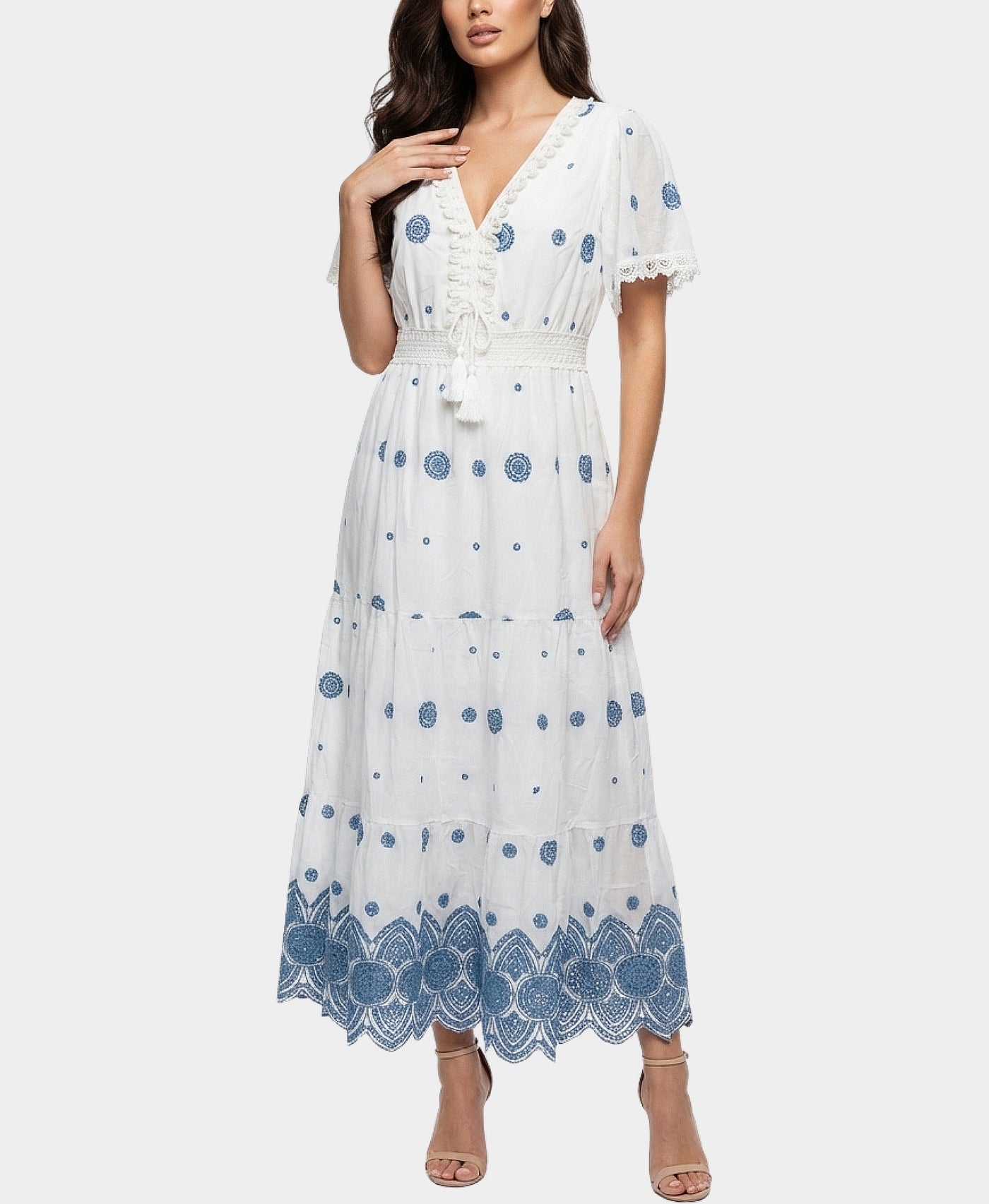 Embroidered Maxi Dress S-M / WHITE/BLUE